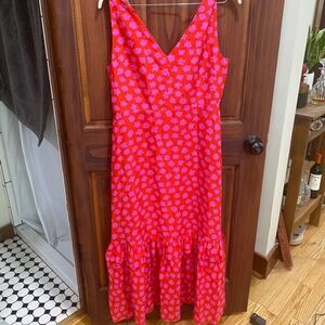 J Crew V neck midi dress red with pink flowers 100% silk womens size 14